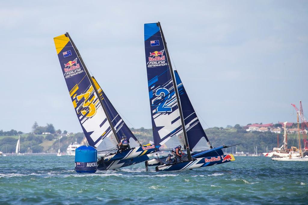 Trent Riplpley, Issac McHardie and Micah Wilkinson, Olivia Mackay race during Red Bull Foiling Generation final on the Waitemata Harbour in Auckland, New Zealand on March 6, 2016 © Red Bull Content Pool
